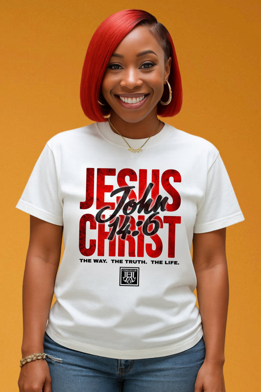 THE WAY. THE TRUTH. THE LIFE JOHN 14:6 TEE (WHITE/RED)